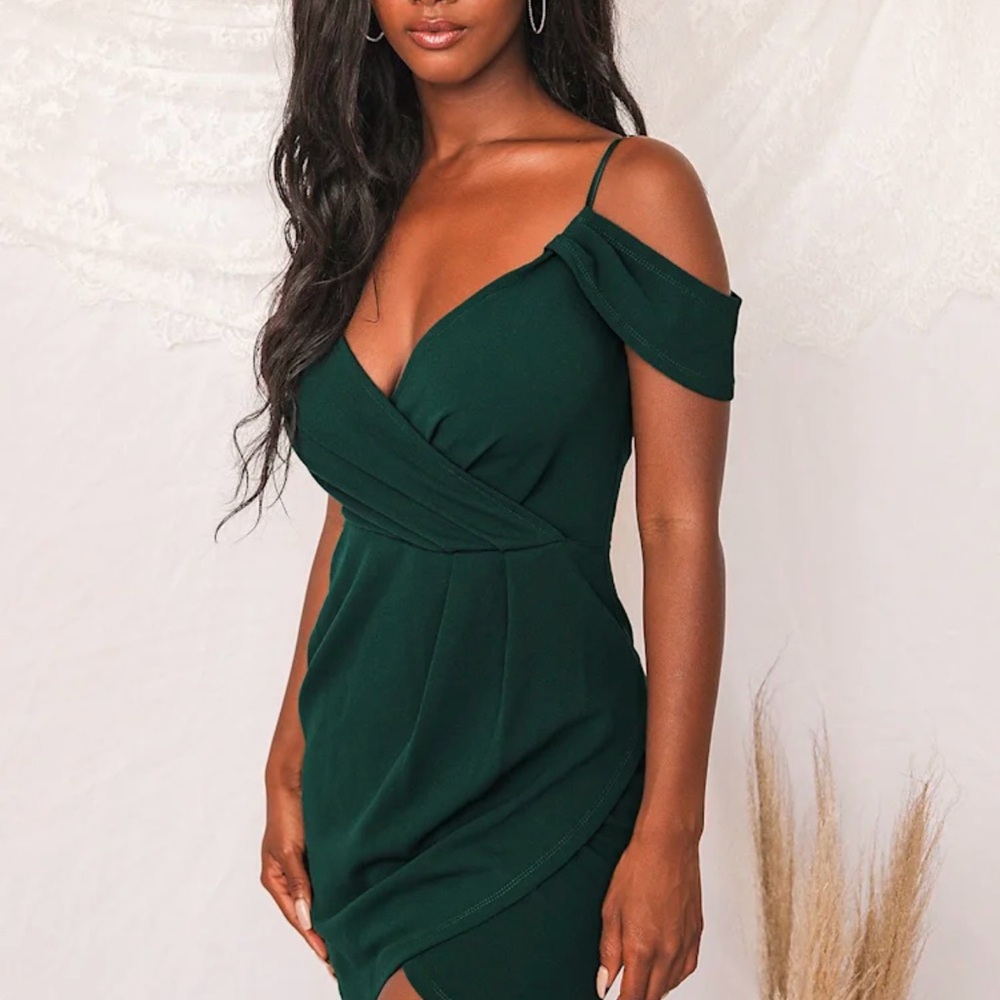Off-Shoulder Dark Green Wrap Dress